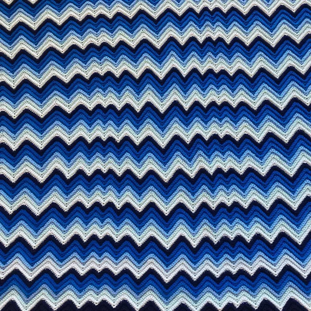 Handmade Large Afghan Blue & White Chevron Wave Zig Zag Pattern Blanket 60